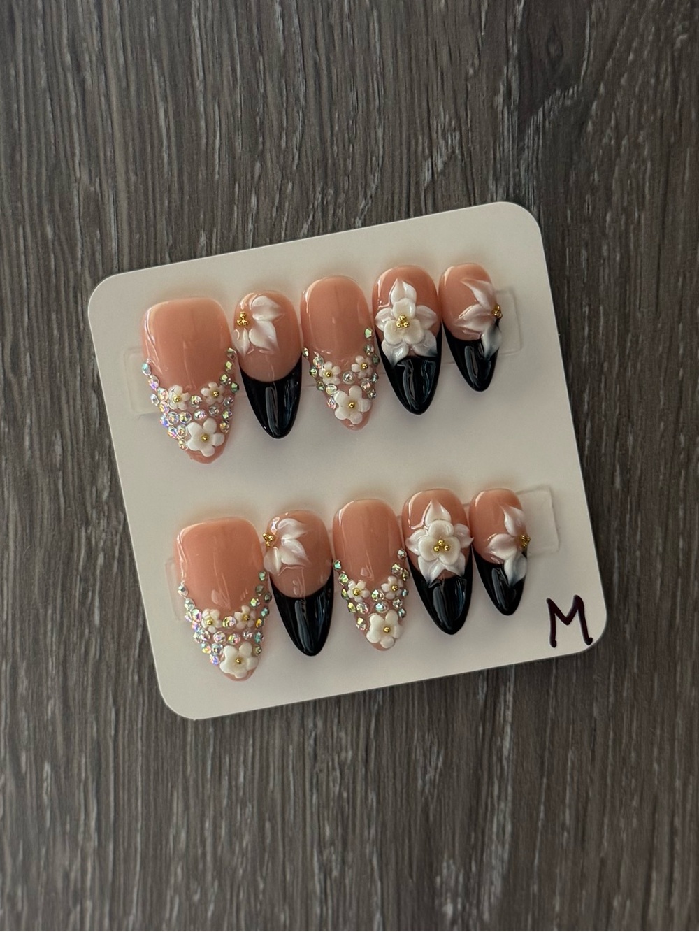 Nude and Black Floral 3D Press-On Nails with Rhinestones